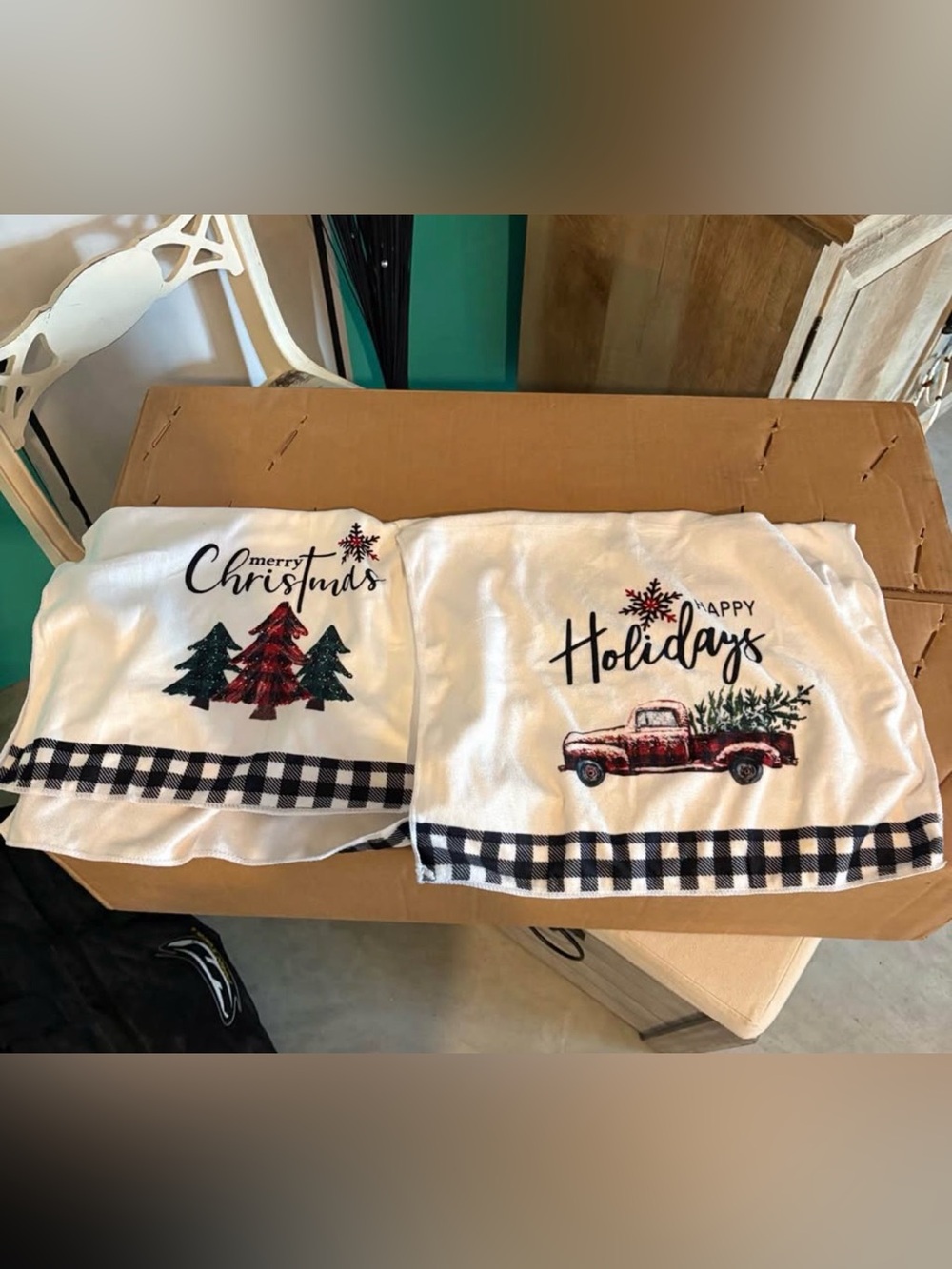 Holiday Kitchen Towels - White Plaid "Merry Christmas" & "Happy Holidays" Set